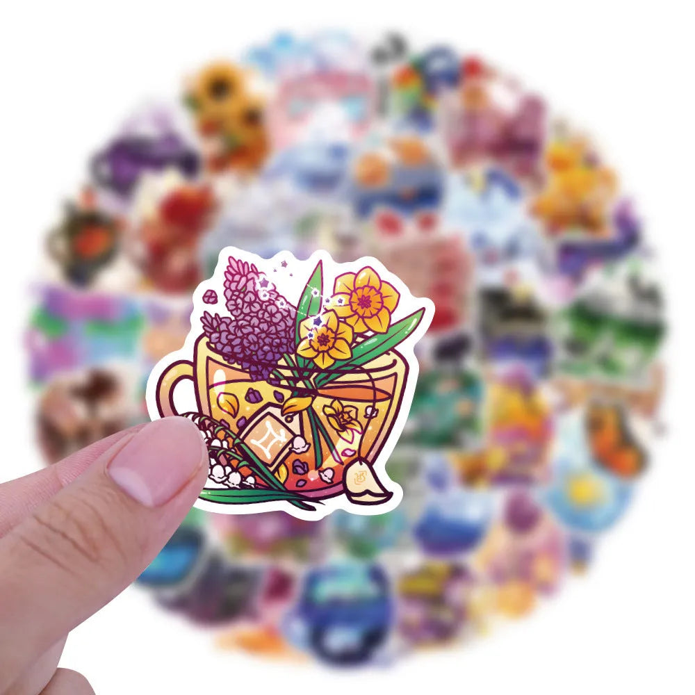 Colourful tea cup graffiti design waterproof stickers 50 piece pack for luggage and scooter personalisation