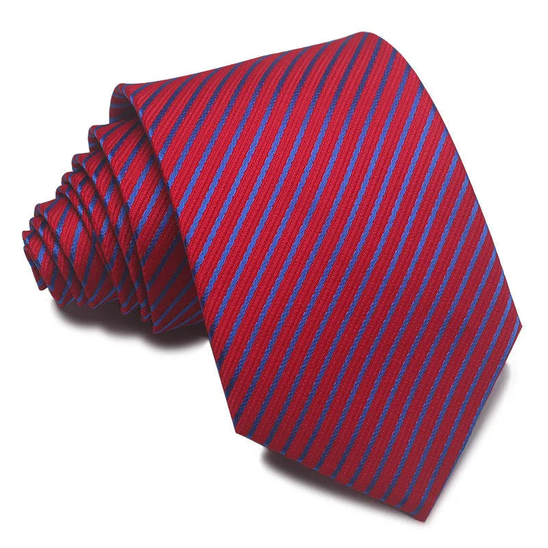 Man's red, black, and blue striped jacquard business tie with an 8cm width.