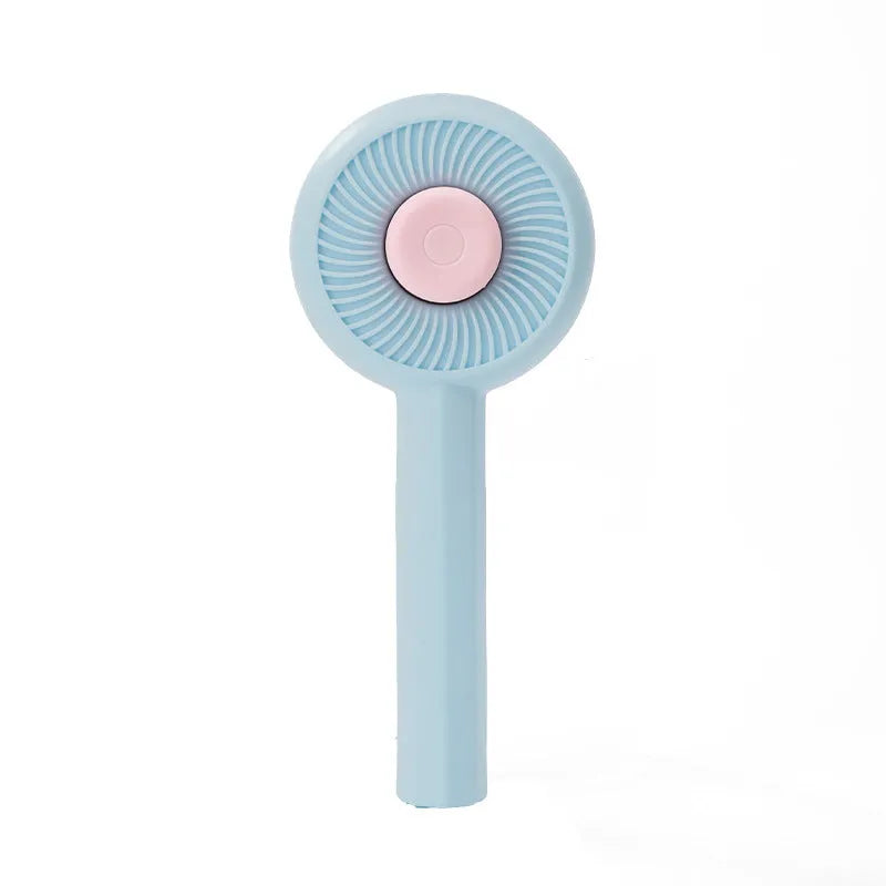 Blue pet grooming brush with self-cleaning button and angled metal bristles