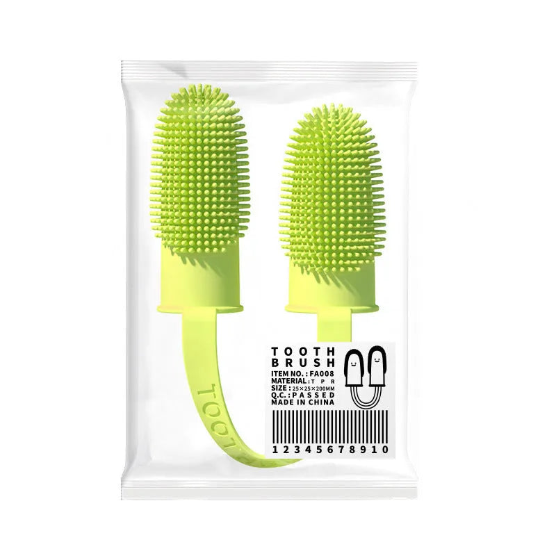 Pet dental finger toothbrush set in pink, blue green, and grass yellow colours, showing double finger design.