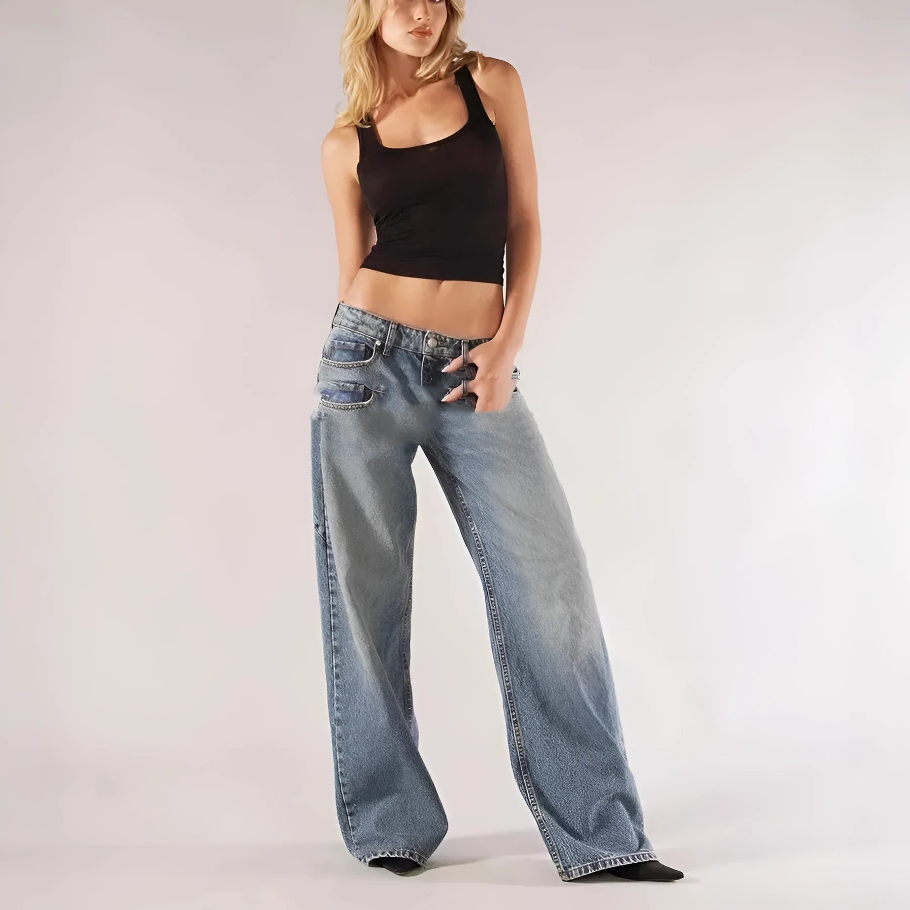 Loose straight wide leg cotton trousers in blue colour with low waist and stitching details