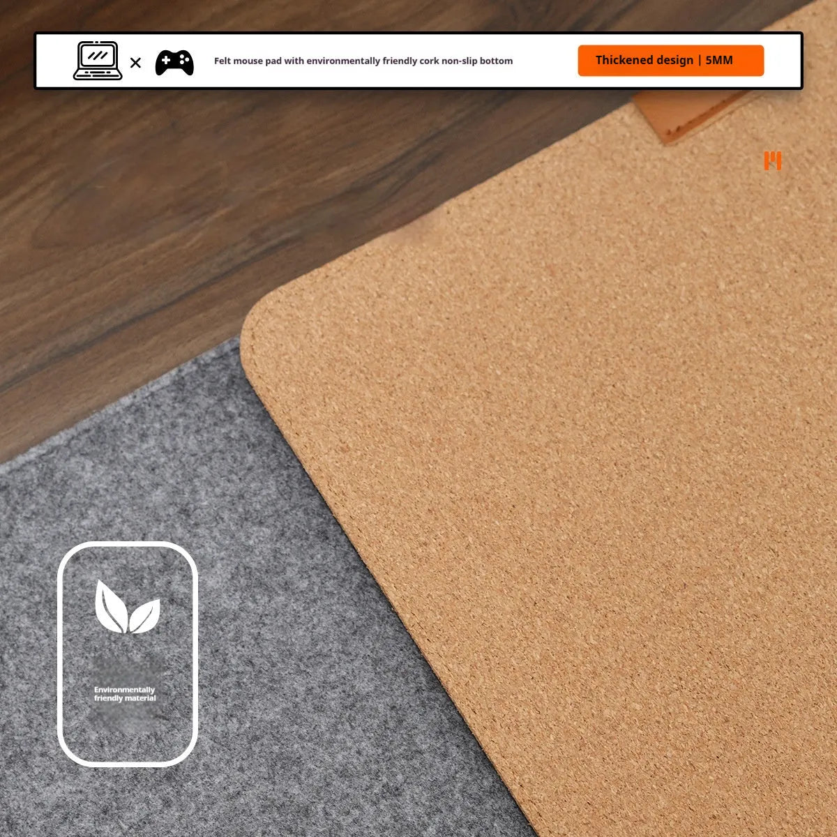 Oversized grey felt cork desk mat with minimalist design on a wooden desk