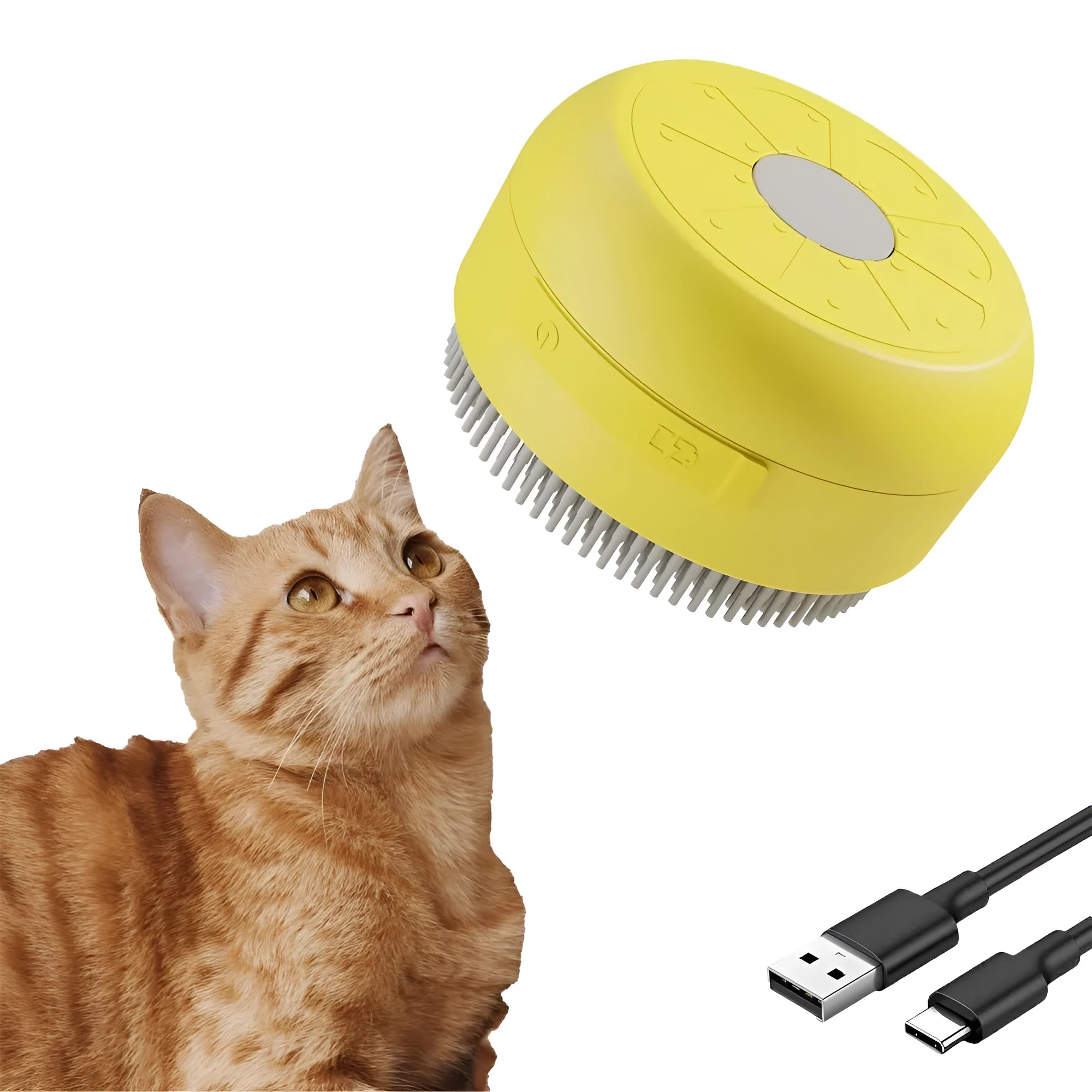 Rechargeable green and yellow silicone steam brush for grooming cats and dogs.