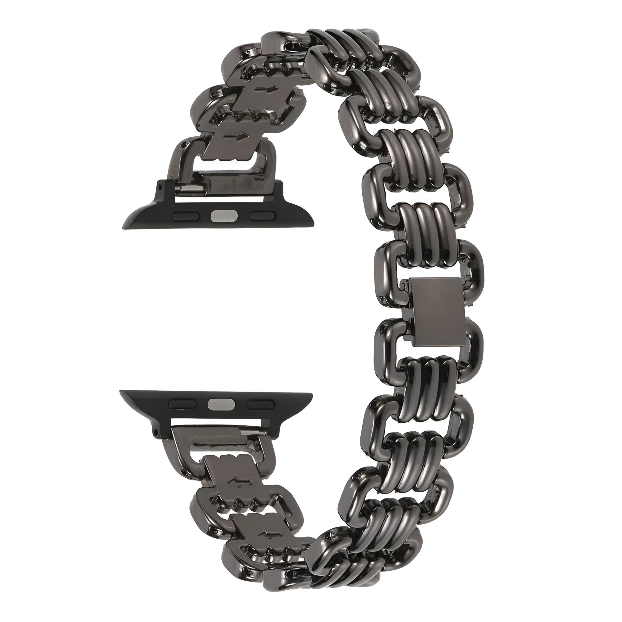 Alloy metal Apple Watch band in rose gold on a wrist, showing the connection to a watch case.
