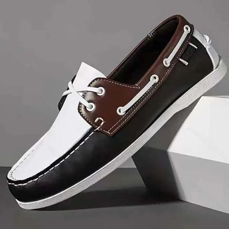 Men's black casual Oxford-style shoes with artificial PU leather upper and flat heel on a white background.