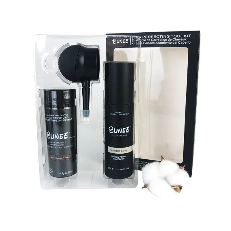 Dense hair fibre powder kit with 275g styling spray and applicator nozzle in multiple colour shades