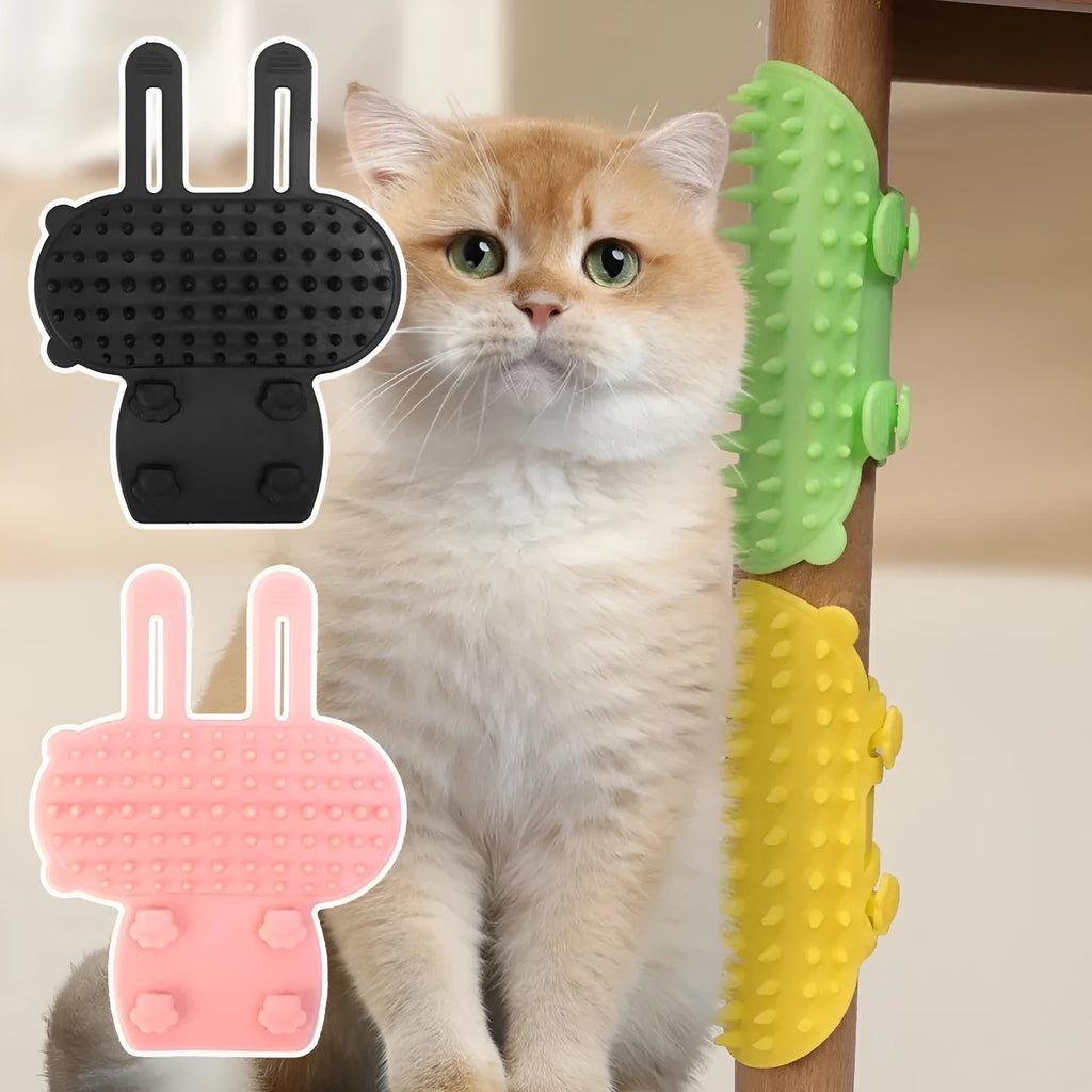 Silicone cat hair removal massage comb attached to a wall corner with rounded teeth for grooming