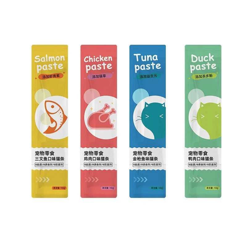 Pack of cat treat strips in four flavour varieties including chicken catgrass and salmon astaxanthin.