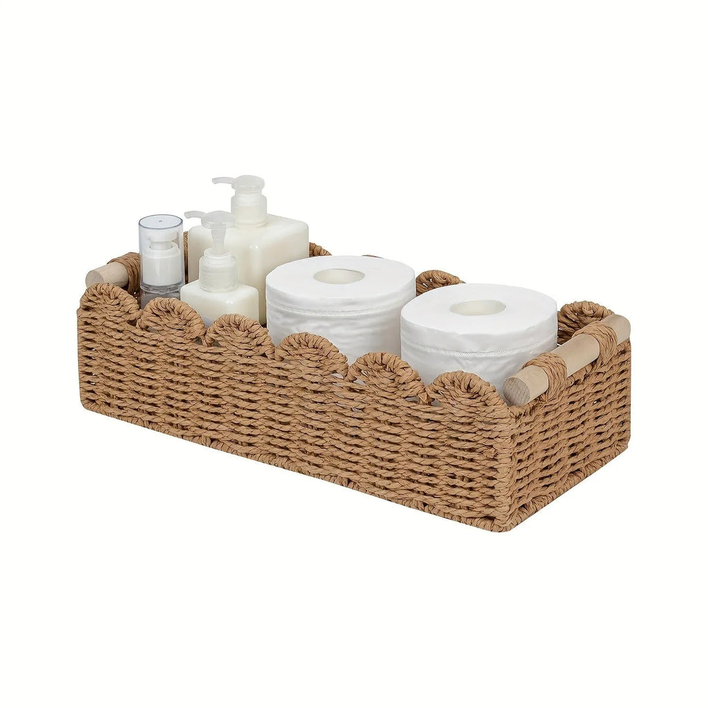 Rectangular woven paper storage basket in modern style measuring 35.5cm long for desktop organisation