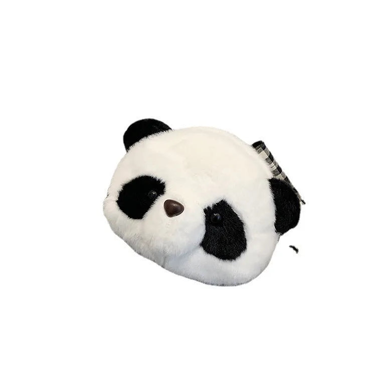 Panda Head print plush crossbody bag with cylindrical shape and sandwich pockets