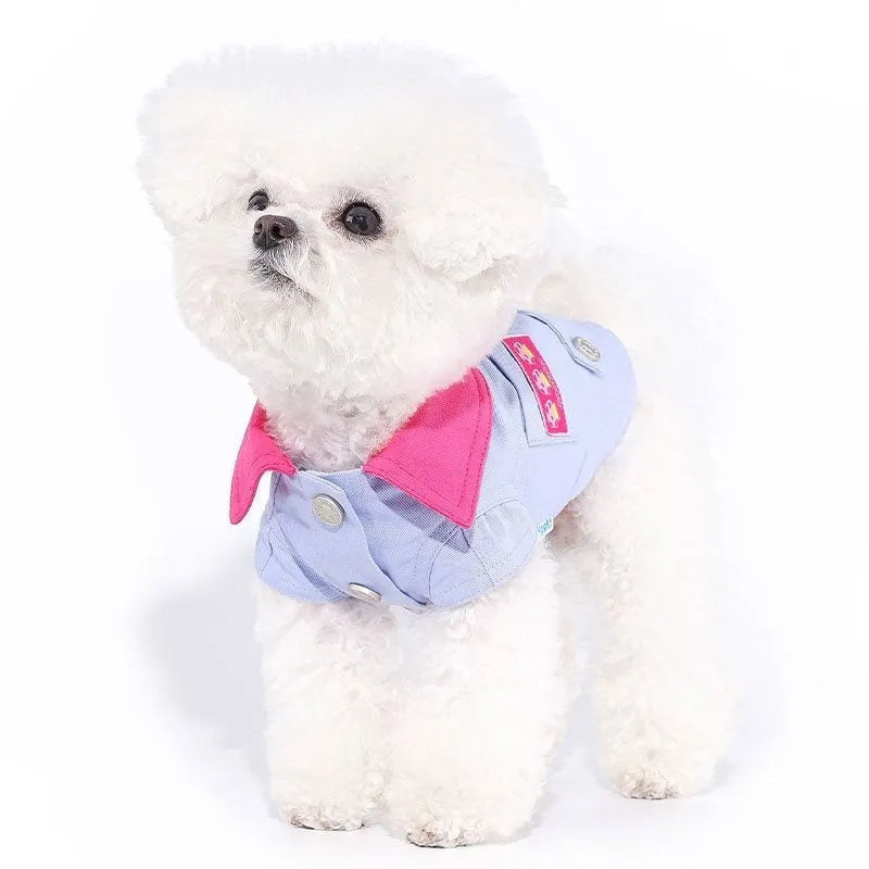Blue and purple polyester dog vest with chest traction ring for small dogs