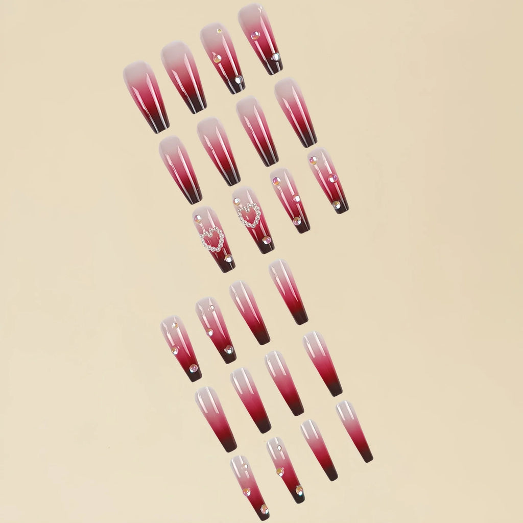Wine red gradient false nail tips with pearl heart design and plaid pattern
