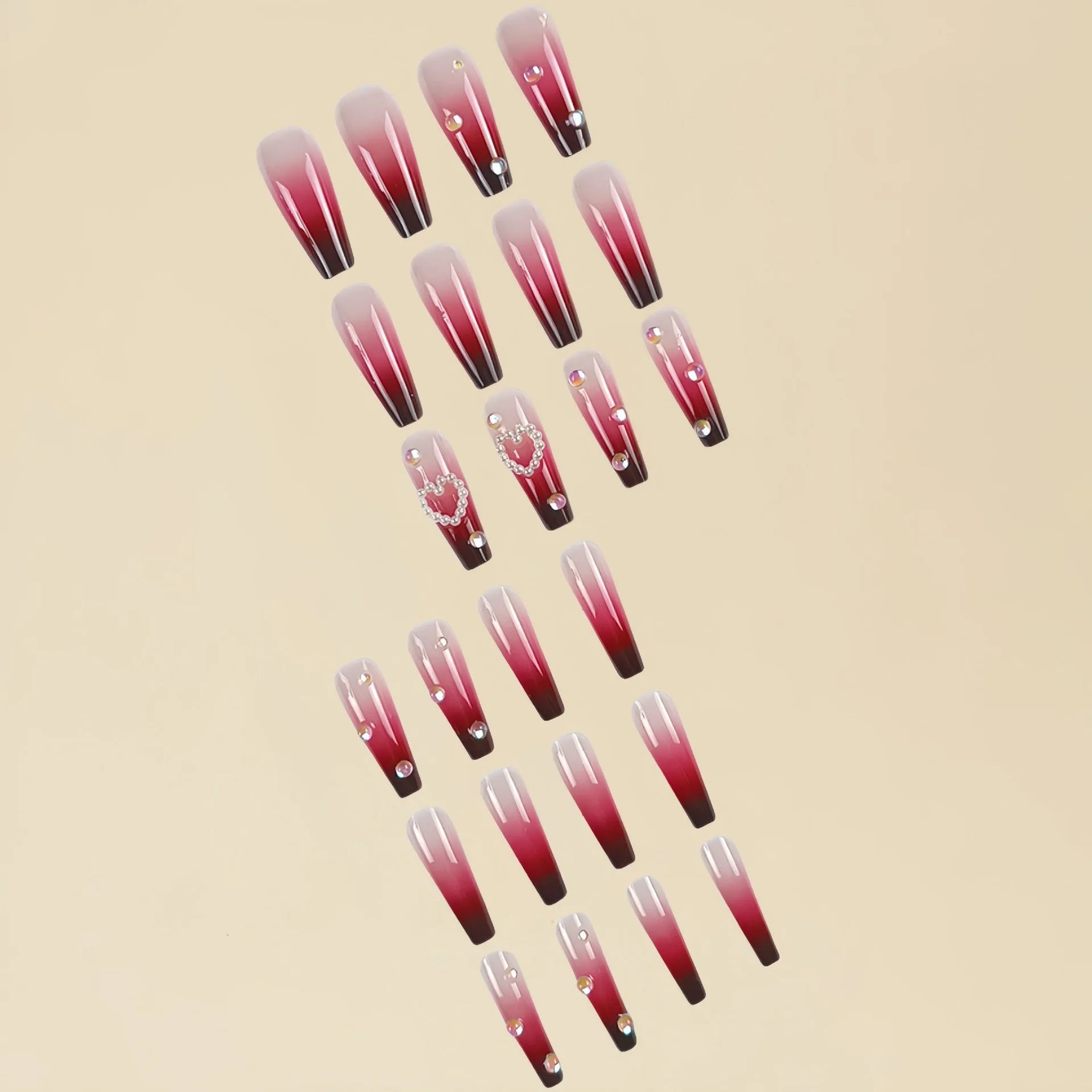 Wine red gradient false nail tips with pearl heart design and plaid pattern