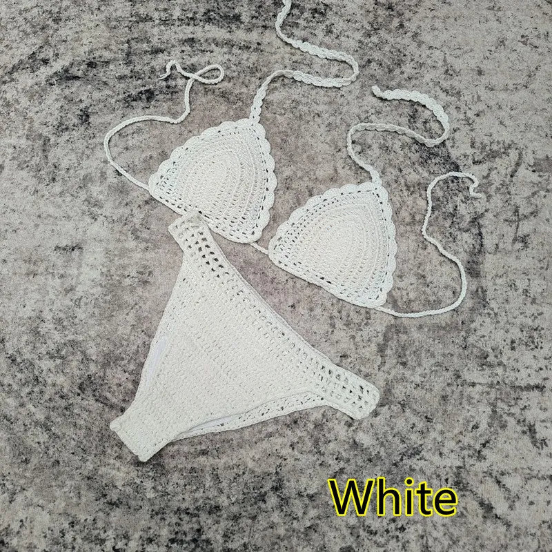 Women's 3-piece crochet bikini swimsuit set in a choice of colours on a mannequin.