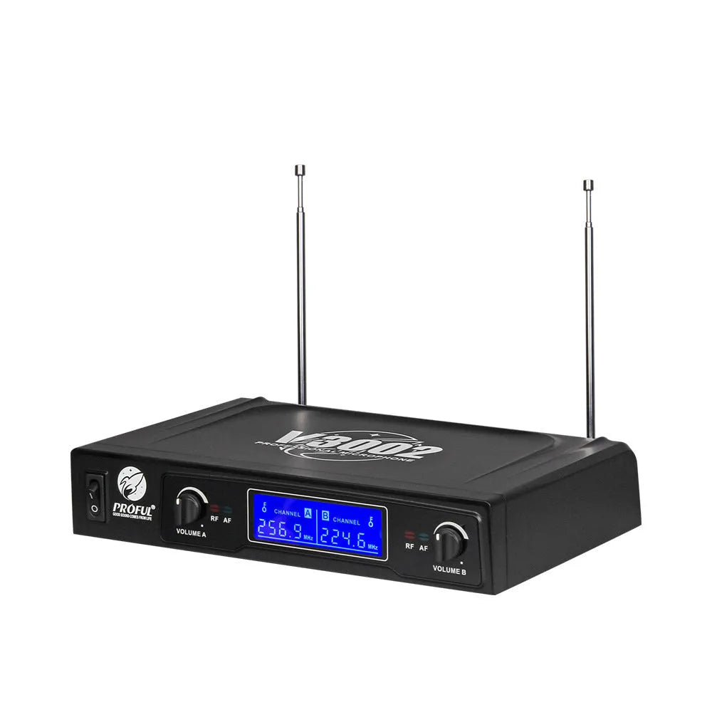 Black V-3002 wireless handheld microphone set with two mics and a transmitter unit