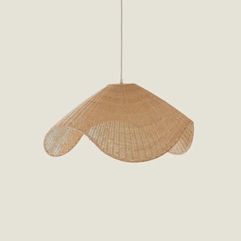 Handmade natural bamboo rattan chandelier with woven willow shade and warm LED light.