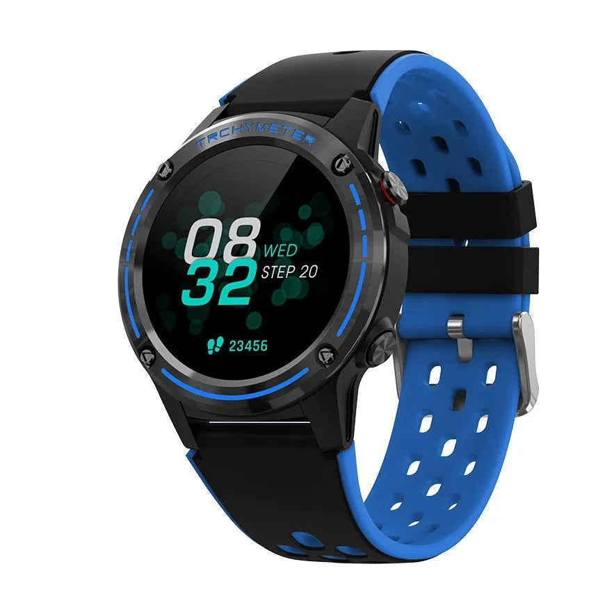 GPS smartwatch with silicone strap in blue, black, cyan, and silver black colour options.
