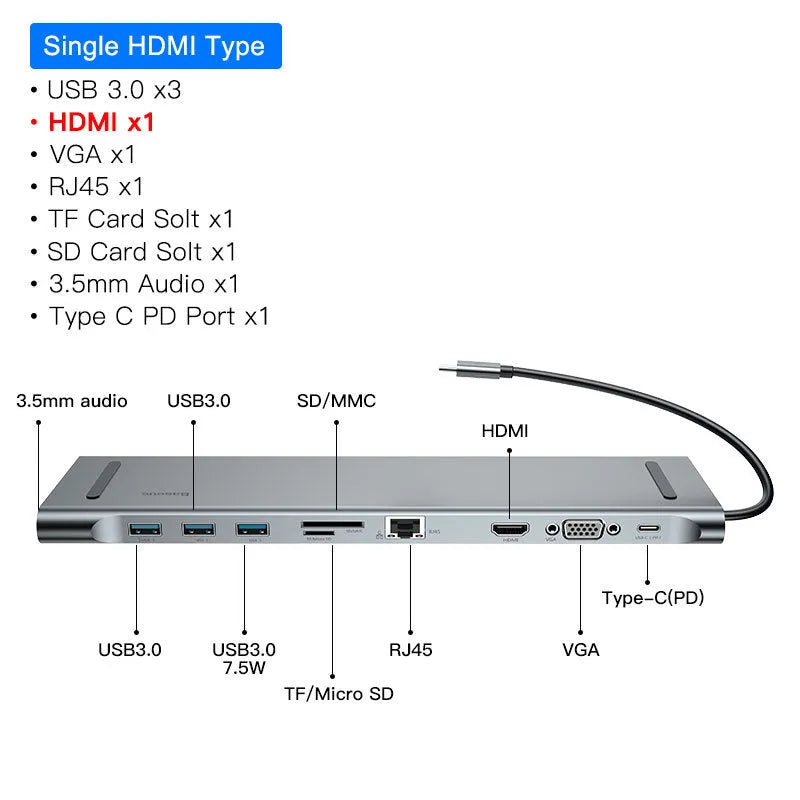 Grey aluminium laptop docking station with cooling bracket and ten ports including HDMI, VGA, and Ethernet.