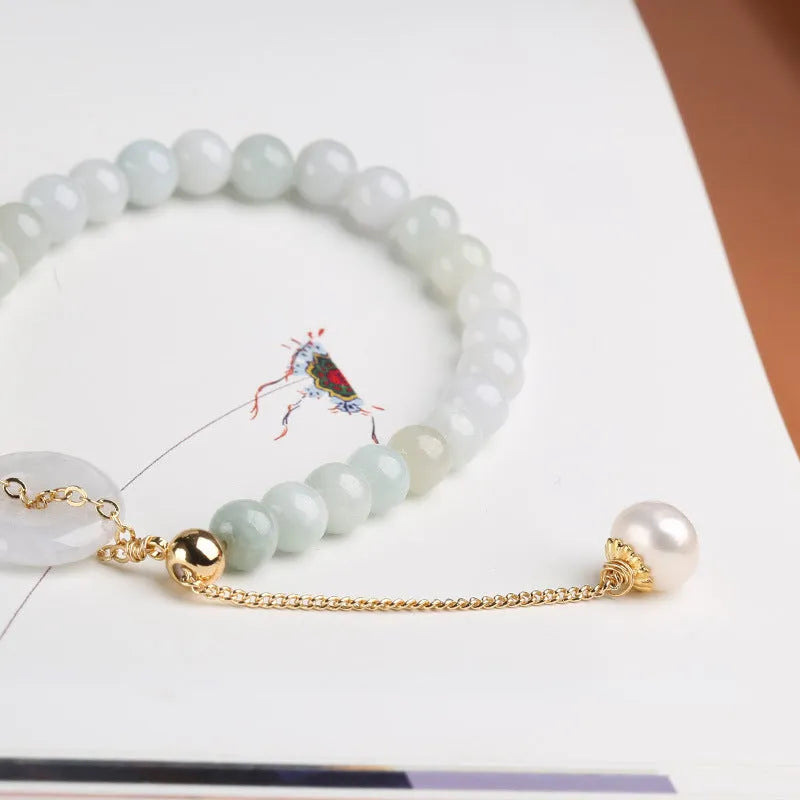 Women's jade pearl bracelet with natural emerald peace buckle and geometric national style design