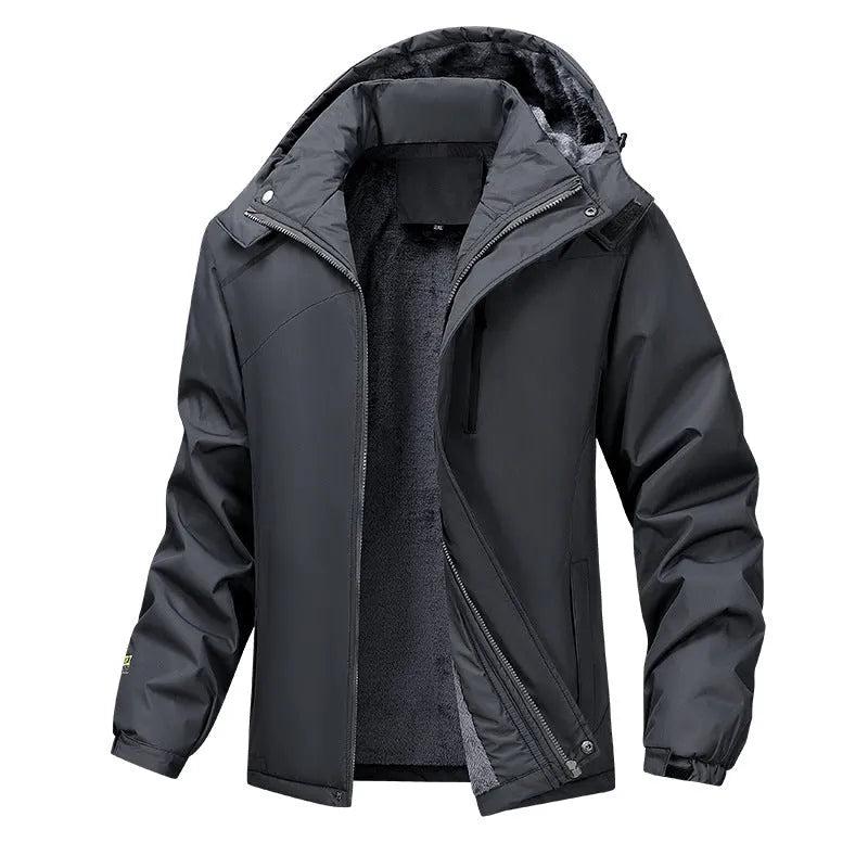 Men's plus size loose-fit hooded winter coat in army green, shown on a model.