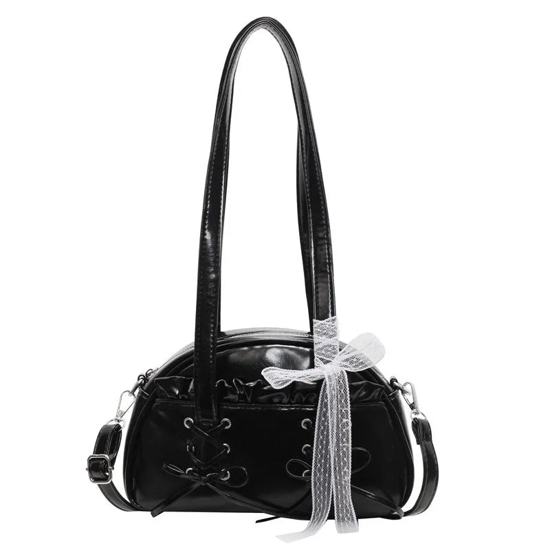 Women's casual bandage bow handbag in PU with shoulder strap and sewing thread detailing.