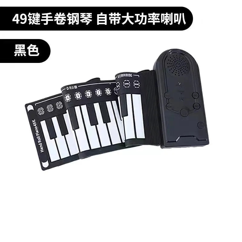 Portable folding electronic keyboard with roll-up silicone keys and ABS control panel in black, silver, or white.