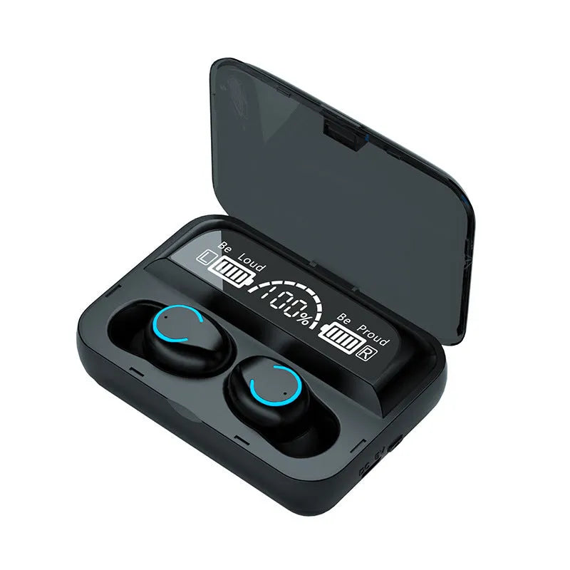 Mini sports in-ear Bluetooth headset with charging bay, black colour, touch controls
