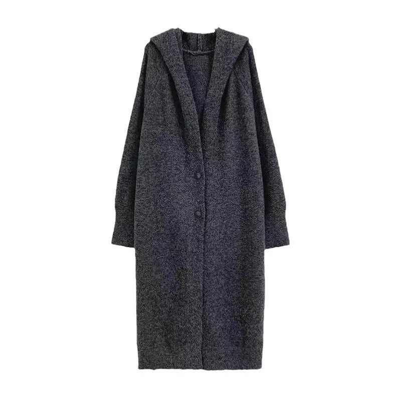 Korean style long below-knee hooded cardigan for women in a loose fit, shown in beige.