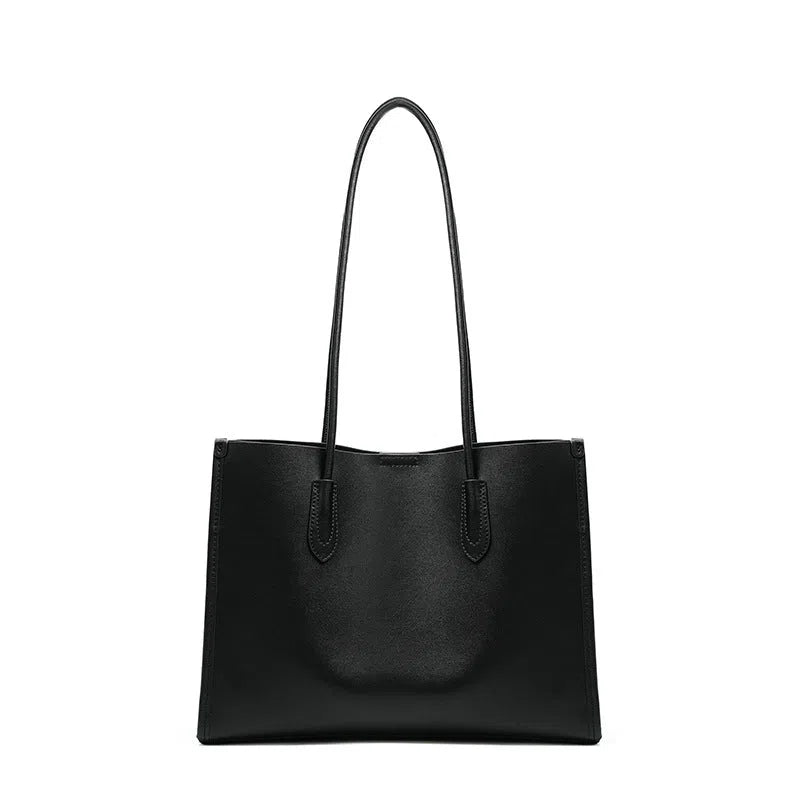 Women's new commuter large capacity genuine leather tote bag in golden brown with double straps and horizontal square shape