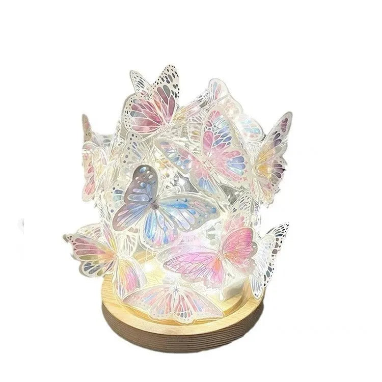 Butterfly night lamp with glass shade on raw wood base, 12x15cm bedside light