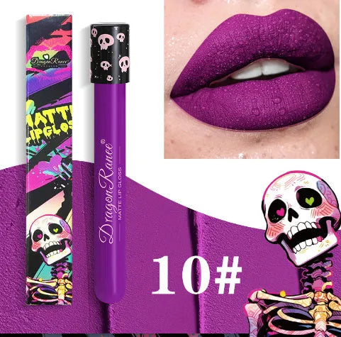 Halloween skull test tube containing gold and silver matte lip gloss for waterproof costume makeup.