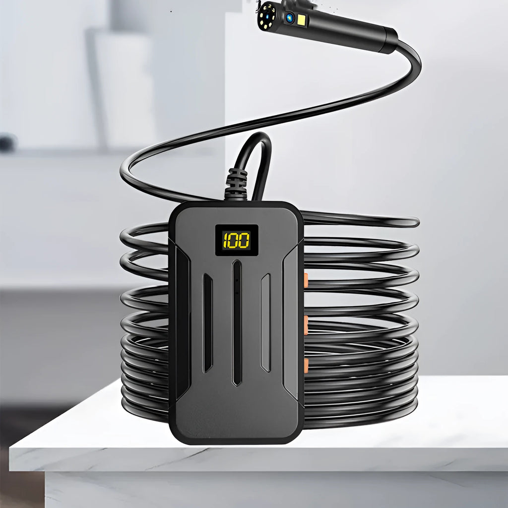 F300 wireless dual lens endoscope with IP68 waterproof probe, magnet, and hook accessories on a table