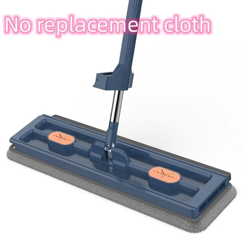 Large flat mop with stainless steel handle and blue cleaning cloths showing 360-degree rotating head