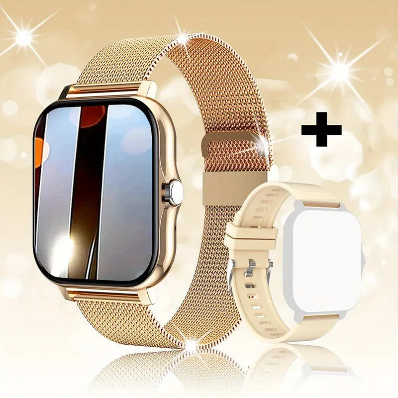 Smart watch with touch screen showing Bluetooth calling and health tracking features on silicone strap
