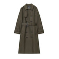 Women's long double breasted trench coat in khaki with drawstring waist and long sleeves