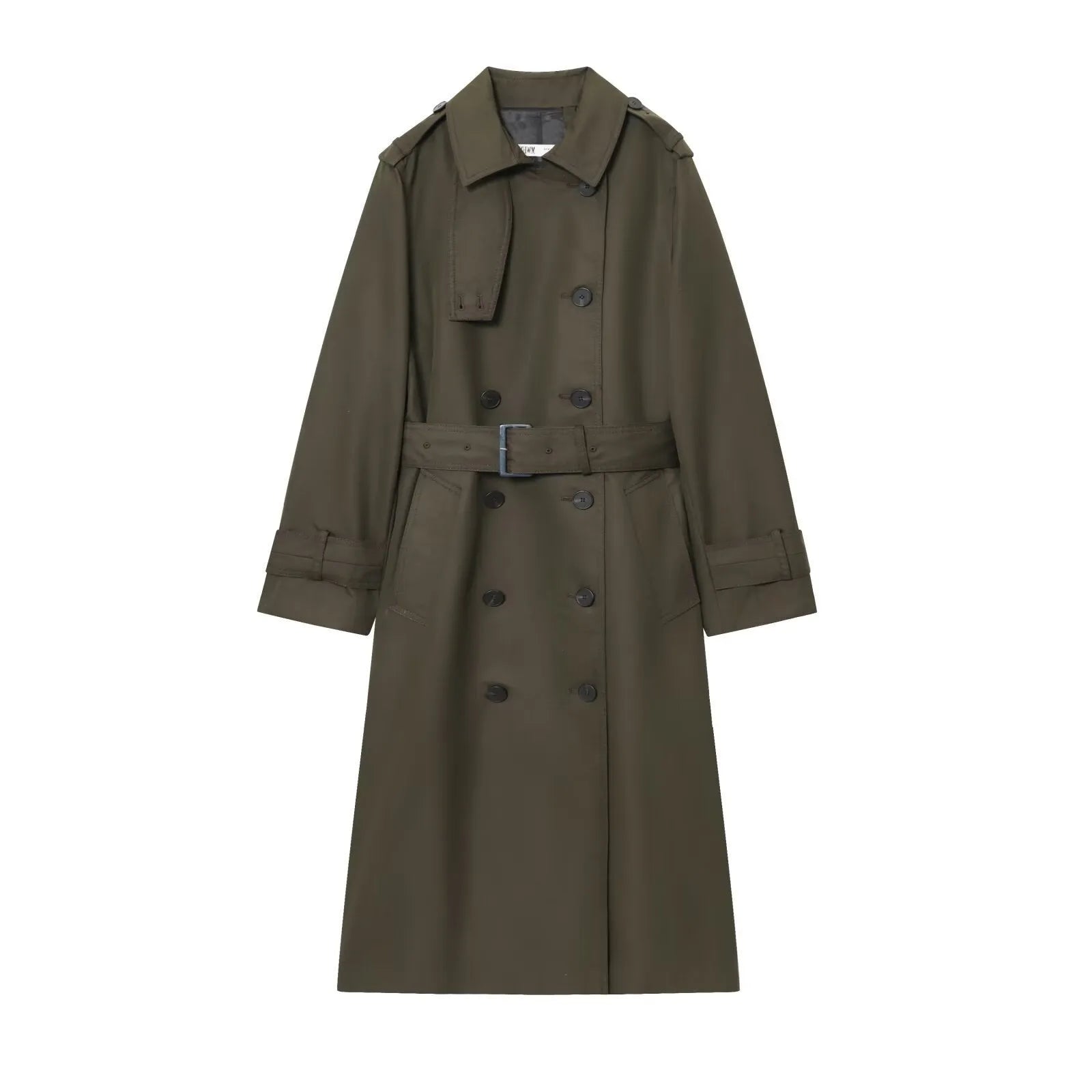 Women's long double breasted trench coat in khaki with drawstring waist and long sleeves