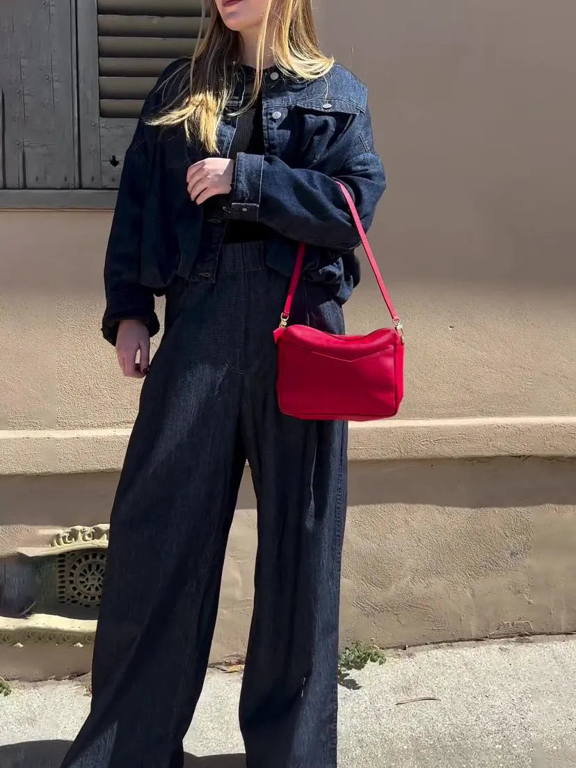 Dark denim oversized jacket and wide-leg pant set in blue, regular fit, front view