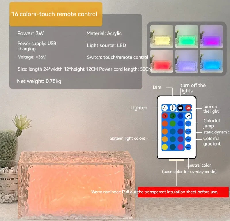 Small clear acrylic cube night light with colour-changing LED mood lighting on a wooden surface.