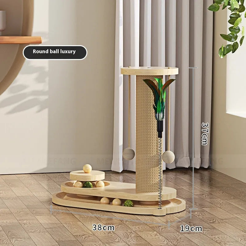 Solid wood cat scratching post with a central turntable, shown in a basic style big flower design