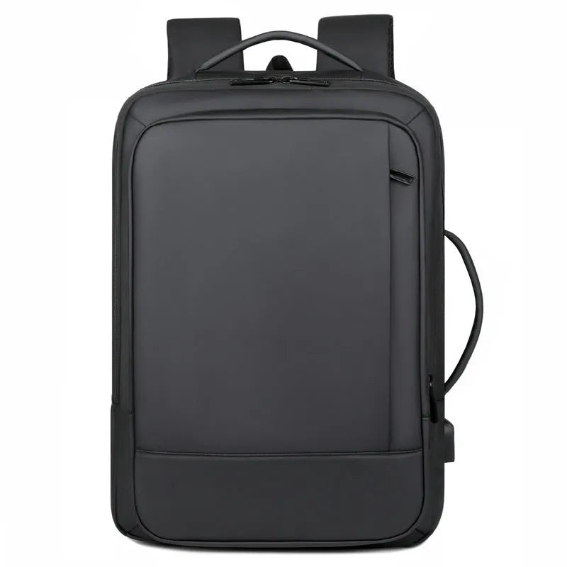 Black waterproof Oxford cloth business backpack with curved shoulder straps and laptop compartment