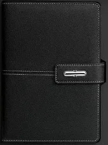 Custom A5 notebook with imitation leather cover in Business Black showing wood-free paper interior pages