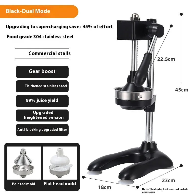 Stainless steel manual vertical citrus juicer on a countertop, showing optional colour finishes and head styles.