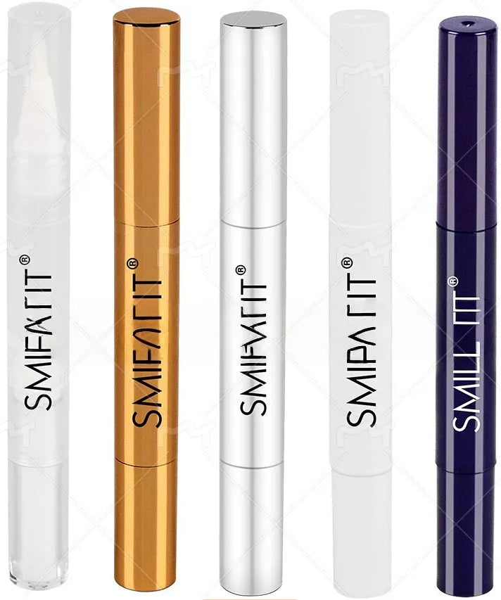Gold aluminium teeth whitening pen with plastic brush applicator tip and 2ml gel capacity