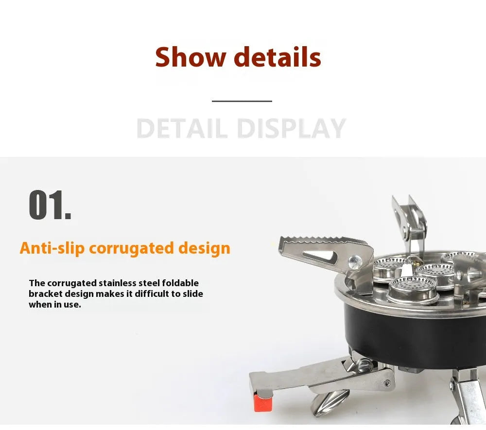 Silver portable foldable camping split stove made of stainless steel, shown with a 100cm hose.