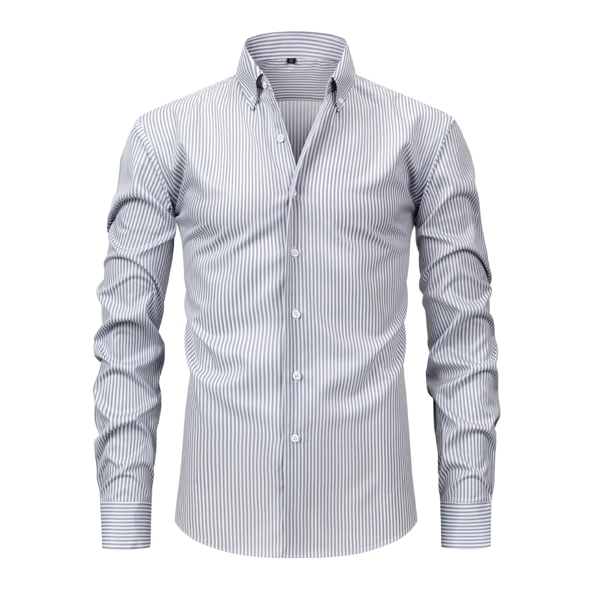 A man wearing a striped long-sleeved non-iron business casual shirt with a lapel collar.