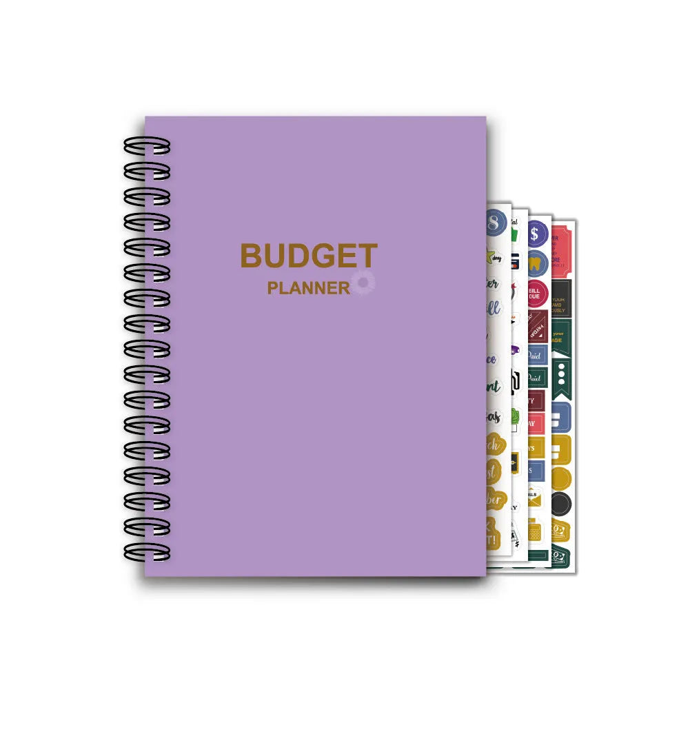 A5 purple budget notebook with coil binding, stickers, pen, and paper clips for financial planning