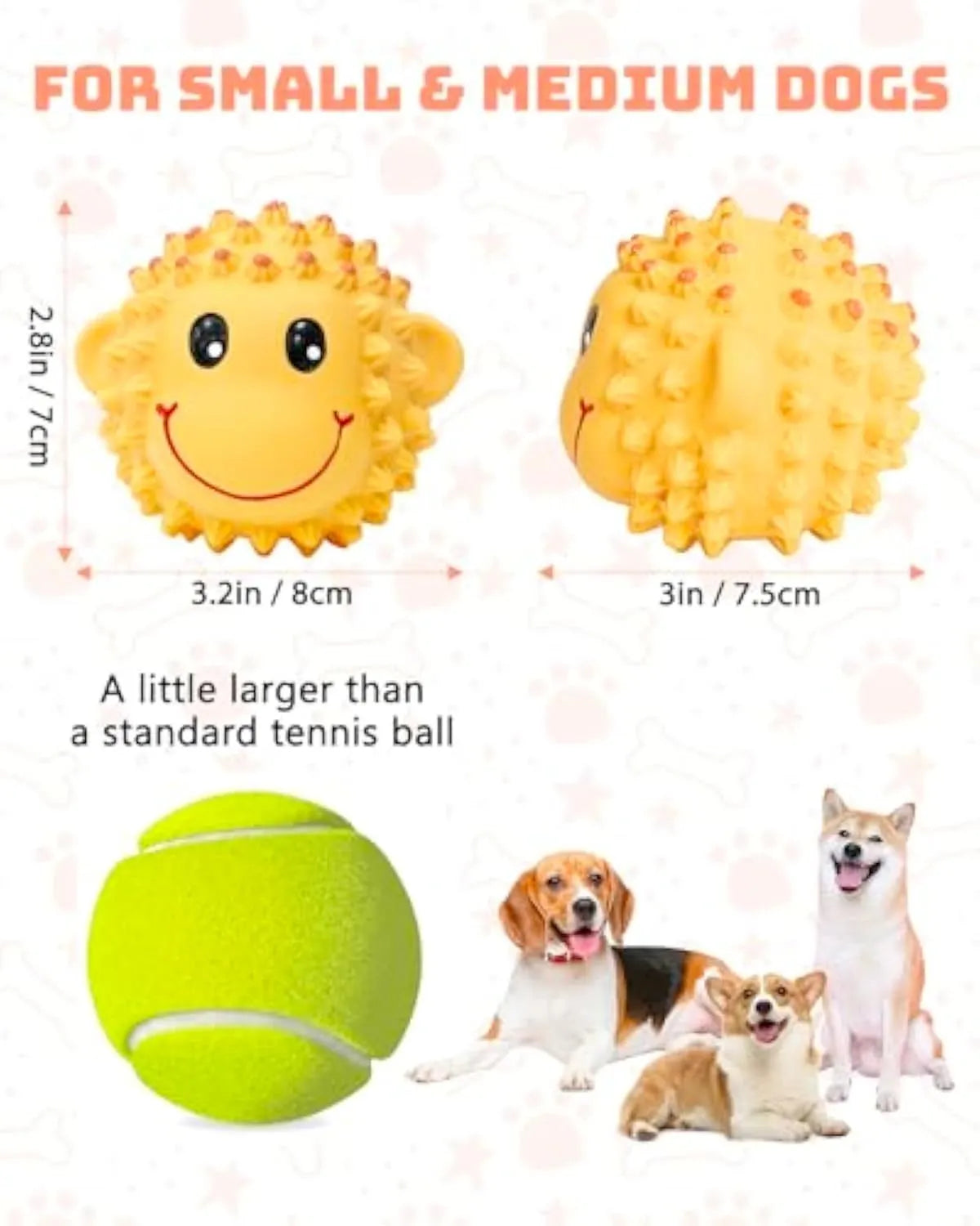 Orange and yellow spiky latex squeaky dog toy for small to medium breeds.