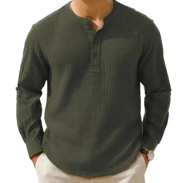 Slim fit linen and polyester long sleeve pullover shirt in army green.