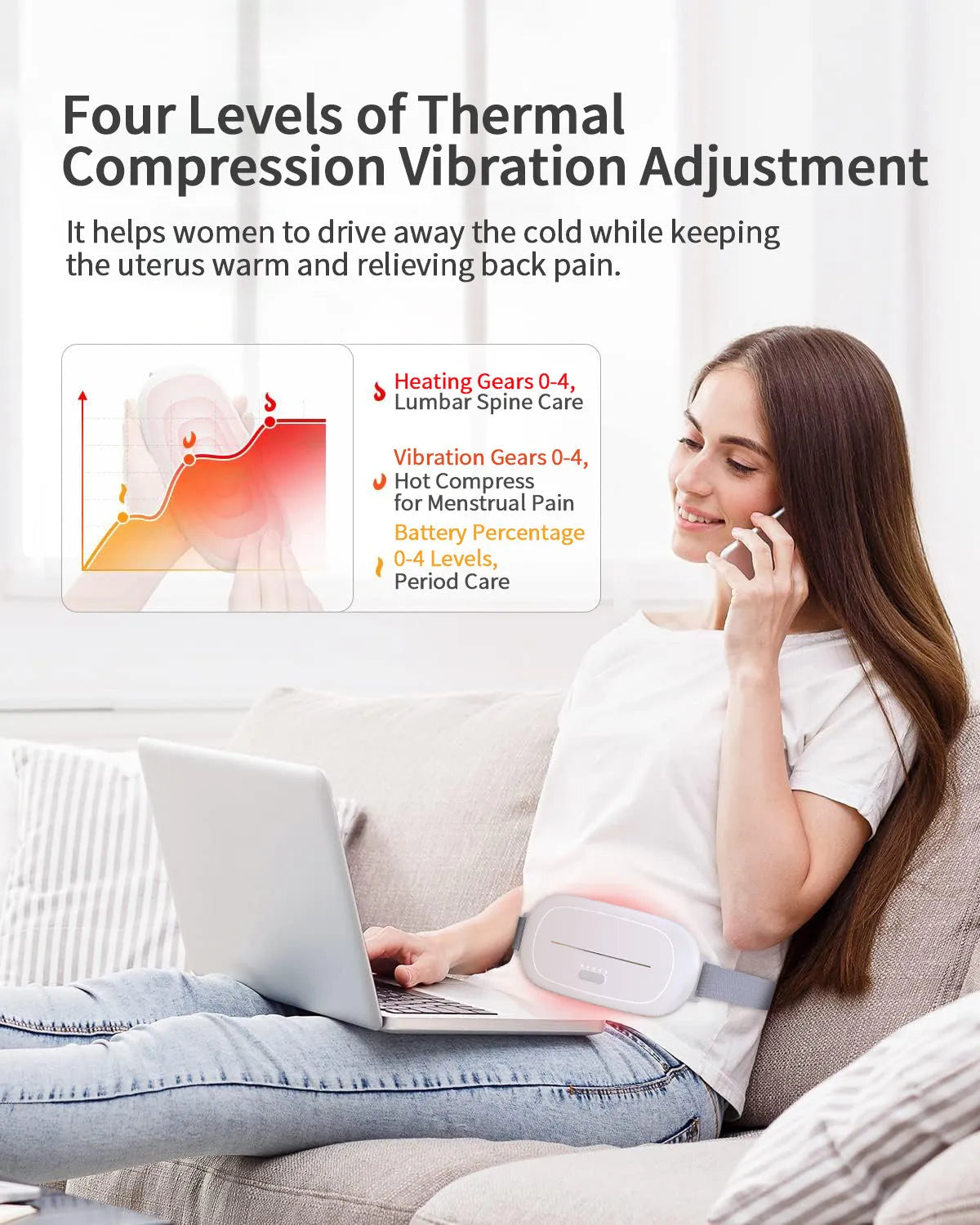 White silicone uterine warming device with USB connection cable and adjustable temperature control