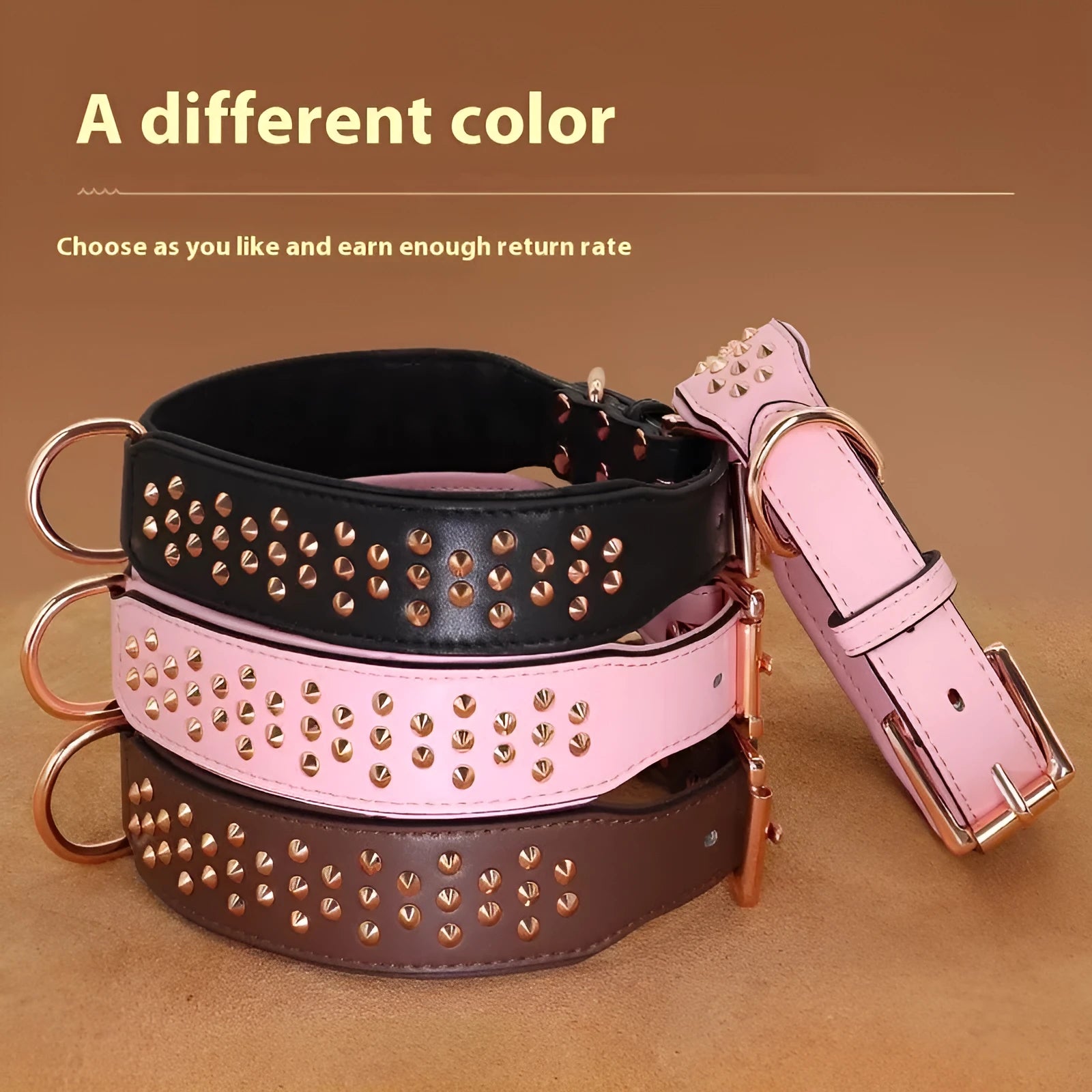 Leather dog collar with a line of metal anti-bite rivets, shown in chocolate brown colour.